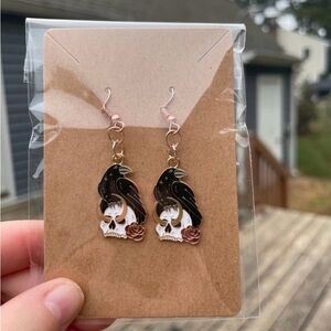Hand-pieced Raven and Skull Dangle Earrings
